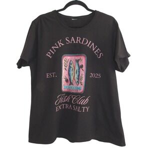 Pink Sardines Fish Club Extra Salty Graphic T-Shirt Black Women Tee XL